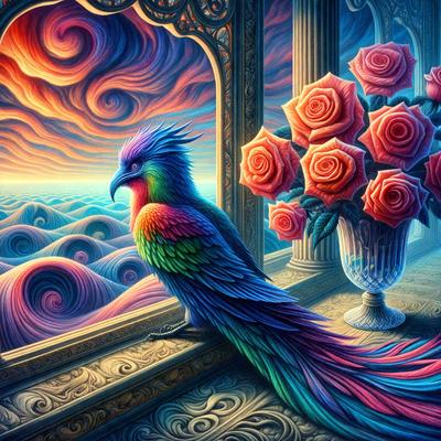 The primary subject of the image is a colorful bird, possibly a parrot, sitting on a window sill. The bird is surrounded by a beautiful and vibrant scene, featuring a window with a view of the ocean and a sky filled with clouds. The visual style of the image is digital art, creating a lively and captivating atmosphere. The dominant colors in the image include shades of blue, pink, and green, reflecting the ocean and the bird's vibrant plumage. Overall,